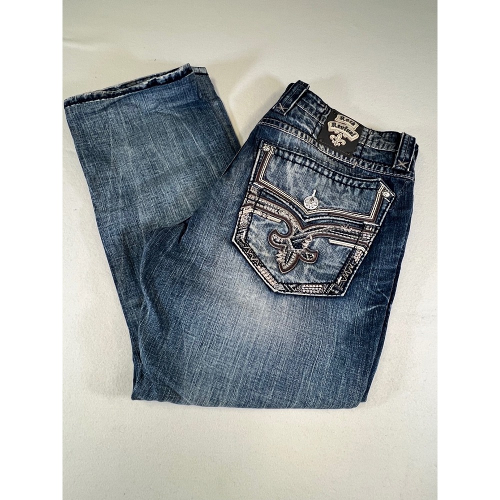 Rock Revival Diji Straight Leg Jeans Mens 38 Distressed Embroidered Altered Hem